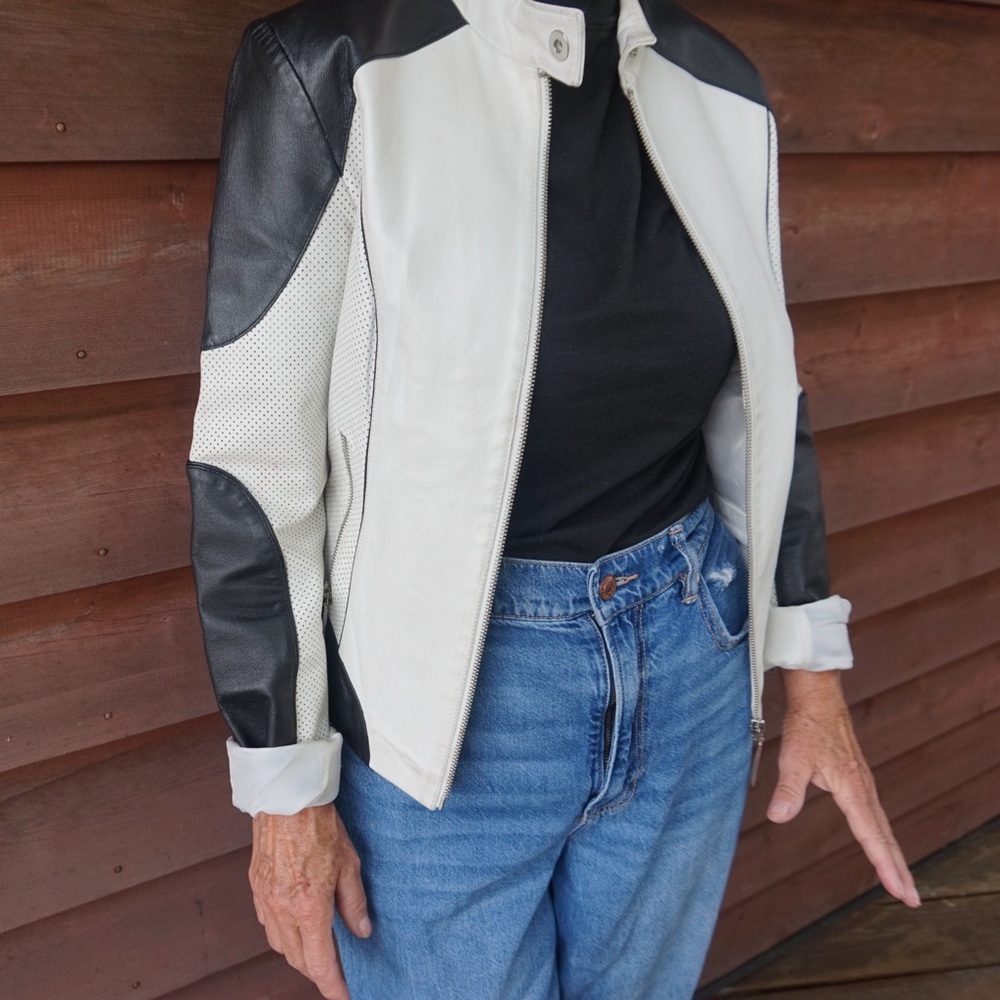 DANIER Leather Black & White Biker Jacket (US XS-S)